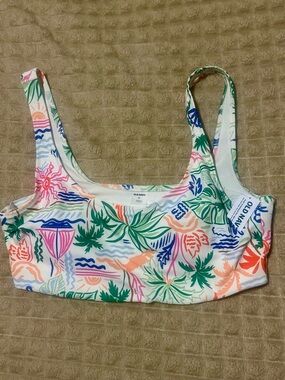 Old Navy White Tropical Print Swim Top with Coral & Green Accents